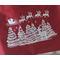 Red with a winter scene of six snow-covered Christmas trees, with blue ornaments. Above trees is Santa and his sleigh, pulled by 8 reindeer
